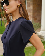 Lacivert Bisiklet Yaka Yaprak Sleeve Bluz