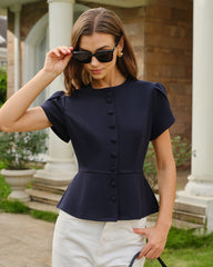 Lacivert Bisiklet Yaka Yaprak Sleeve Bluz