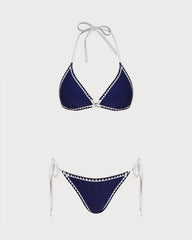 Mavi Büzgü Bağlamalı Üçgen Bikini Takımı