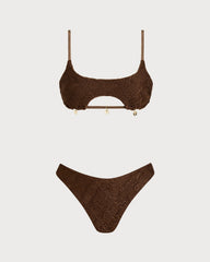 Kahve Kare Yaka Dokulu Bandeau Bikini Takımı