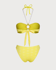 Sarı Boyundan Bağlamalı Jakarlı Bandeau Bikini Takımı