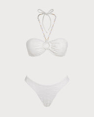 Beyaz Boyundan Bağlamalı Jakarlı Bandeau Bikini Takımı