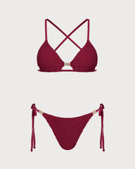 Şarap Kırmızısı Dokulu Büzgü Bağlamalı Bikini Takımı