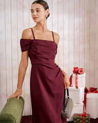 Şarap Kırmızısı Off Shoulder Maxi Elbise