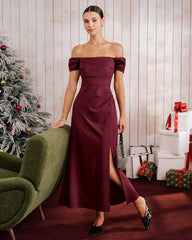 Şarap Kırmızısı Off Shoulder Maxi Elbise