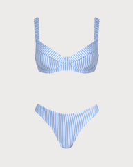 Mavi Kare Yaka Çizgili Bikini Takımı