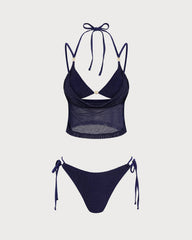 Mavi Bağlamalı Askılı Üçgen Bikini Takımı