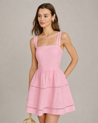 Pembe Kare Yaka Gipeli Mini Elbise