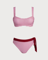 Şarap Kırmızısı Ekose Bandeau Bikini Takımı