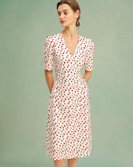 Kayısı Çiçek Desenli V Yaka Midi Elbise