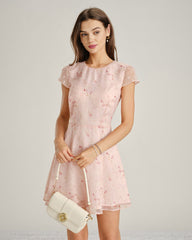 Pembe Kep Kollu Jakarlı Mini Elbise