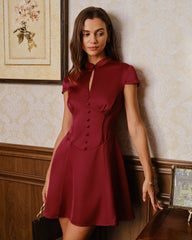 Kırmızı Dik Yaka Saten Mini Elbise