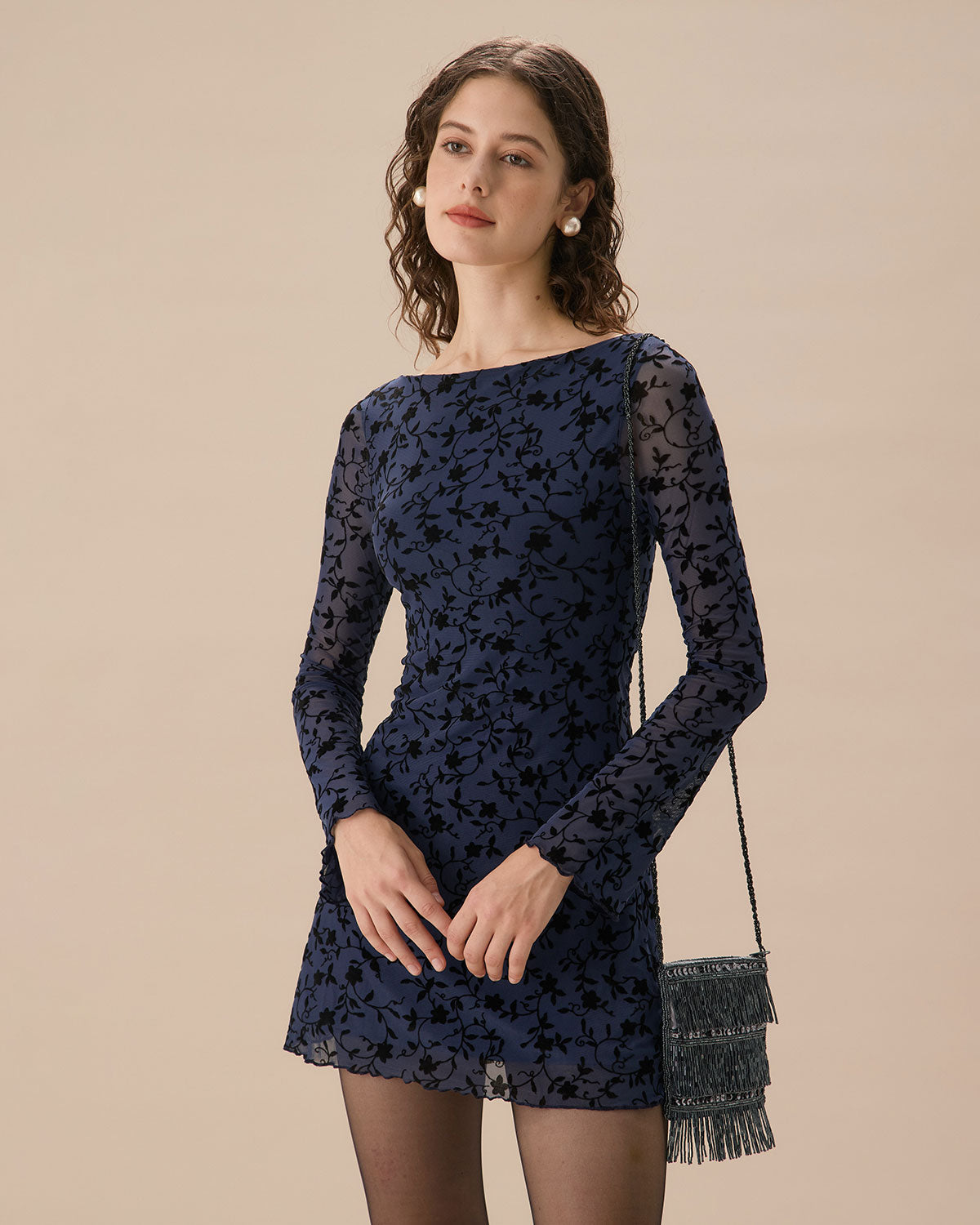 Kadın Mavi See-through Uzun Kollu Mini Elbise