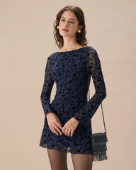 Kadın Mavi See-through Uzun Kollu Mini Elbise