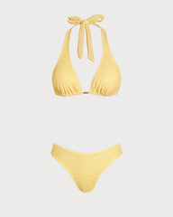 Sarı Jakarlı Dokulu Bikini Takımı