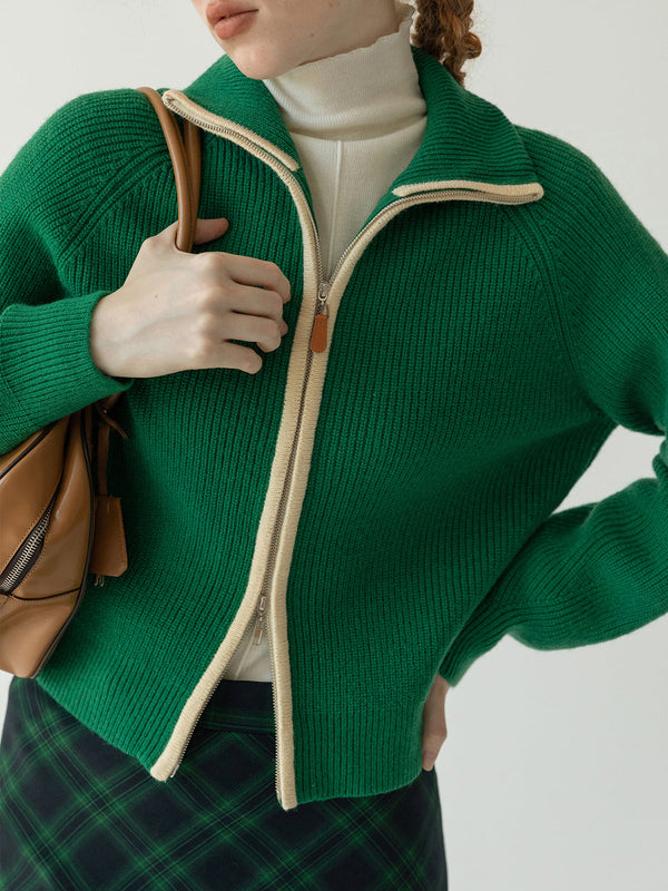 Çift Yönlü Fermuarlı Kontrast Kesimli Hırka