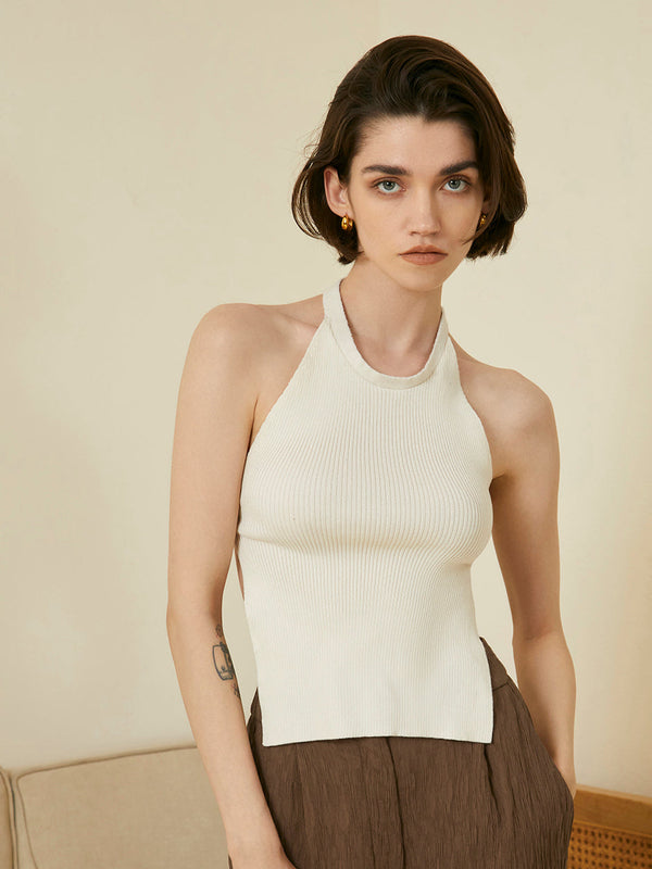 Halter Yaka Açık Sırtlı Örgü Üst