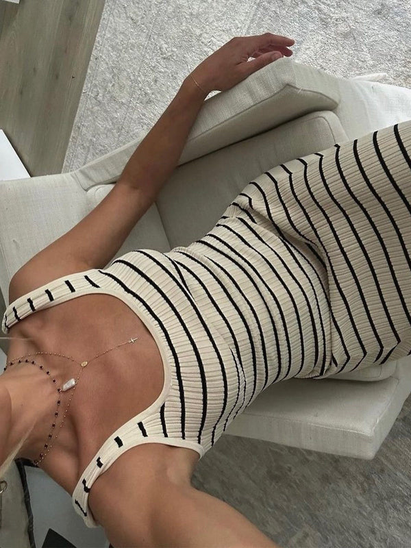 Eski Para Estetiği Çizgili Uzun Örme Elbise