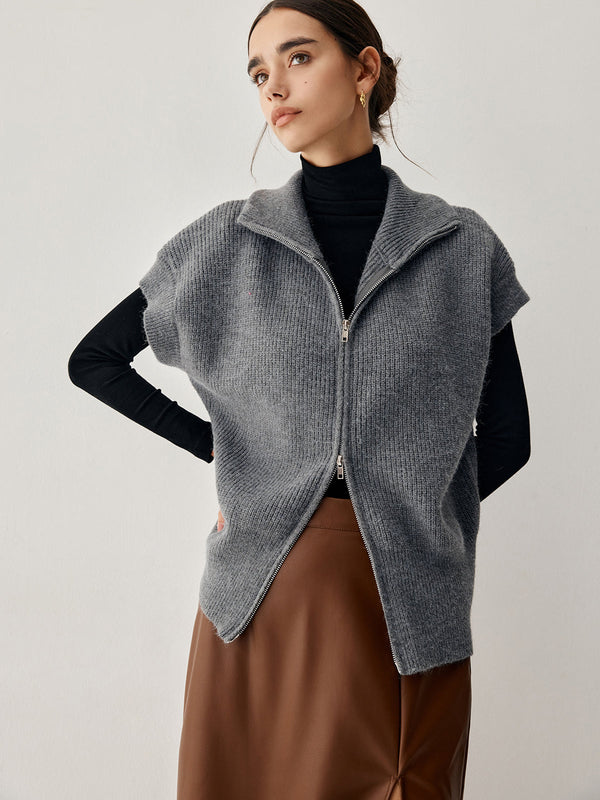 Açık Yaka Çift Fermuarlı Kavisli Hırka