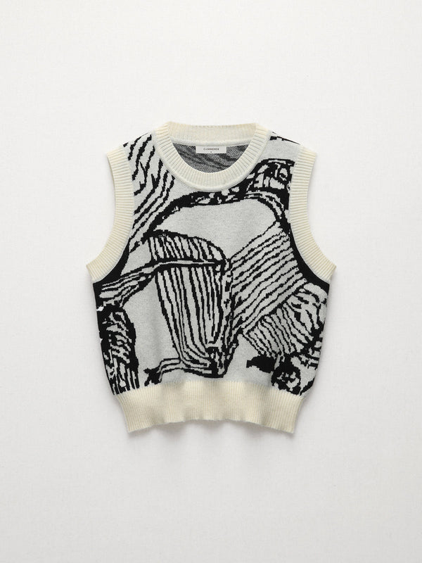 Kontrast Kenarlı Çiçekli Kazak Yelek