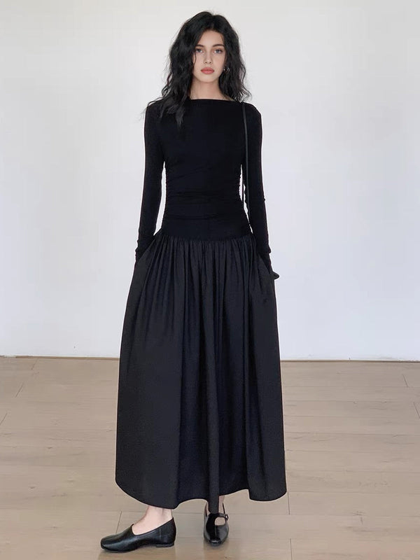 Pileli Patchwork Uzun Kollu Midi Elbise