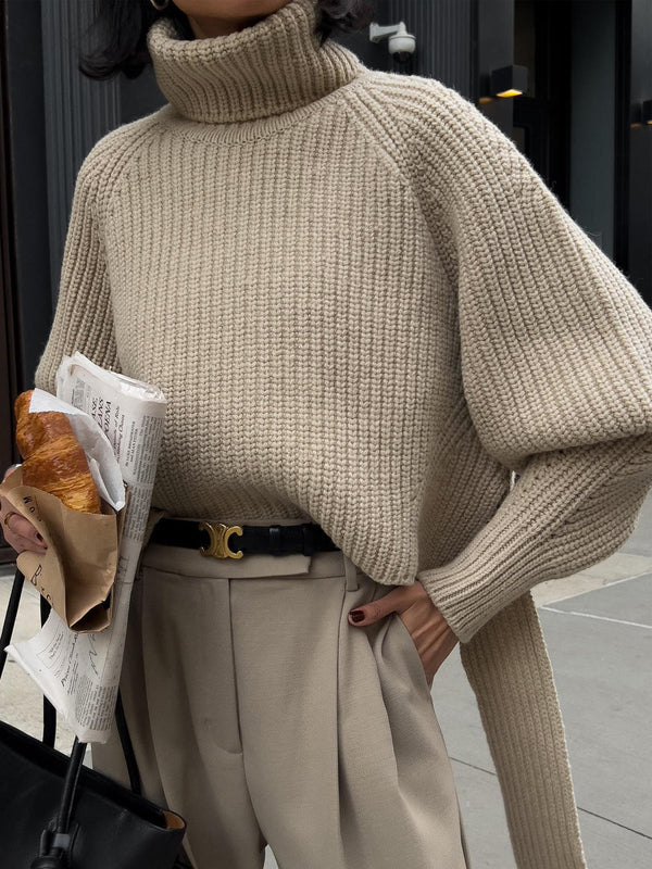 Düz Büyük Boy Kaburga Örgü Yüksek Yaka Kazak