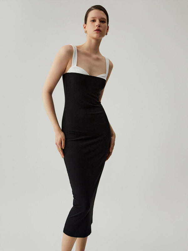 Vücuda Oturan Patchwork Yaka Askılı Midi Elbise