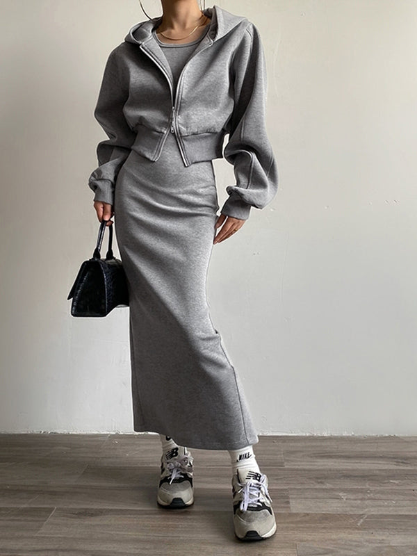 Düz Uzun Kollu Fermuarlı Kısa Kapüşonlu Üst