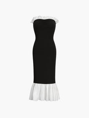 Volanlı Etek Ucu Patchwork Midi Elbise