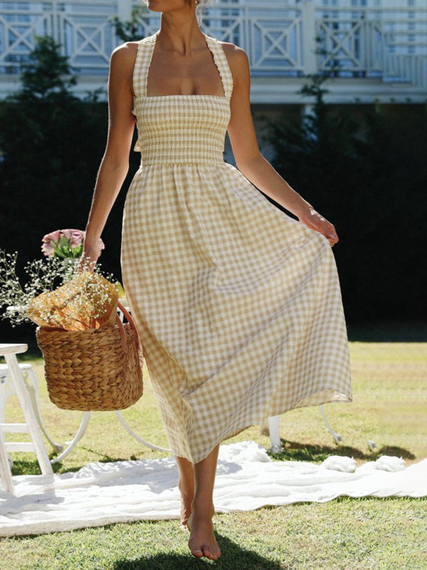 Kırsal Ekose Desenli Askılı Çapraz Uzun Elbise