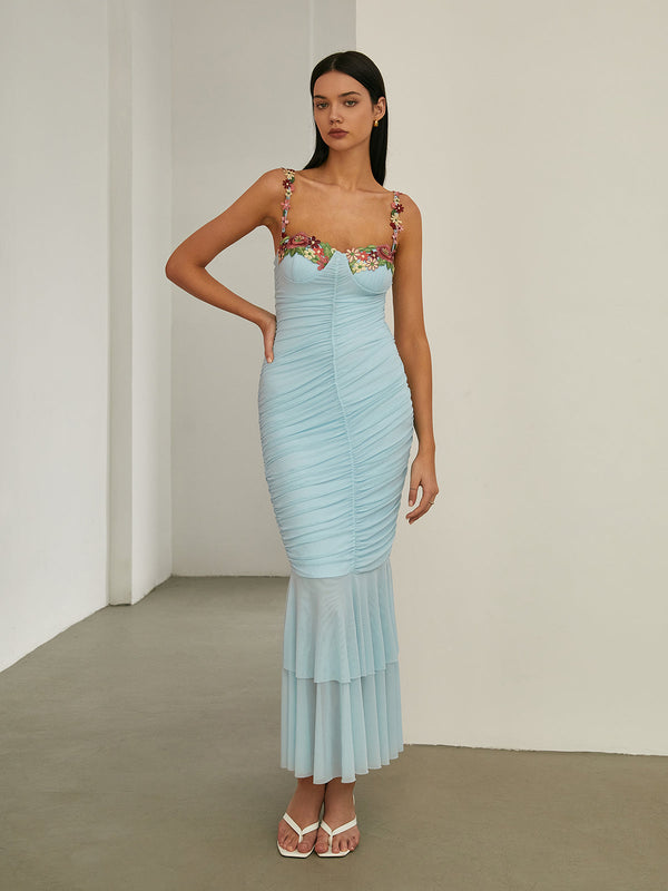 Cennet Çiçek Süslemeli Pileli Denizkızı Uzun Elbise