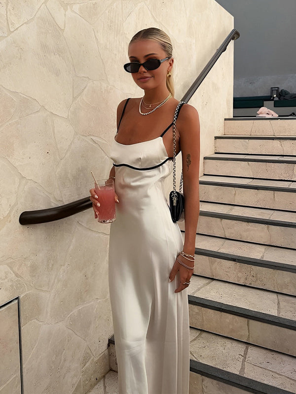 Kontrast Bağlamalı Sırtı Açık Uzun Elbise