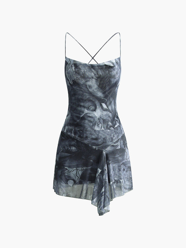 Çapraz Desenli Asimetrik Etek Ucu Kısa Elbise