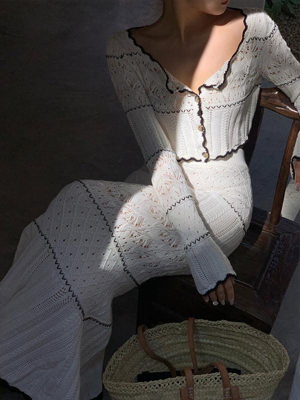 Kontrast Bağlamalı Örme Uzun Etek