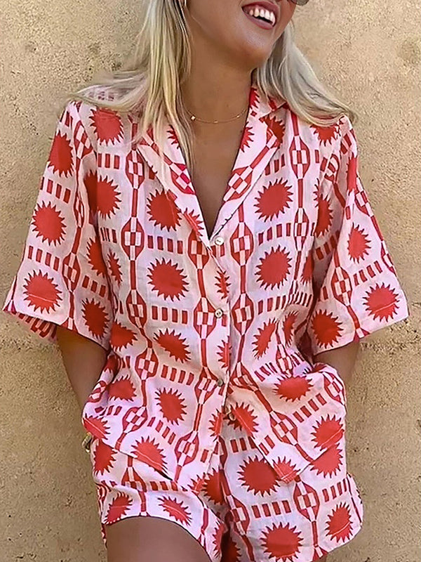 Tropikal Baskılı Bağcıklı Şort Takımı