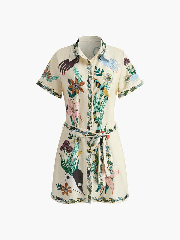 Baskılı Yaka Kemerli Kısa Elbise