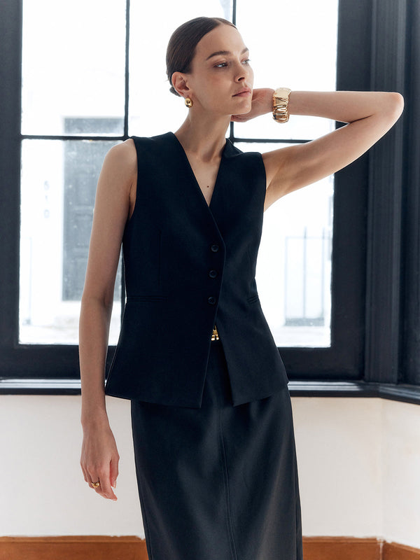 Düz Sırtlı Bölünmüş Düğmeli V Yaka Yelek