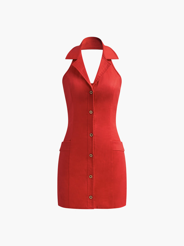 Önü Düğmeli Sırtı Açık Askılı Elbise