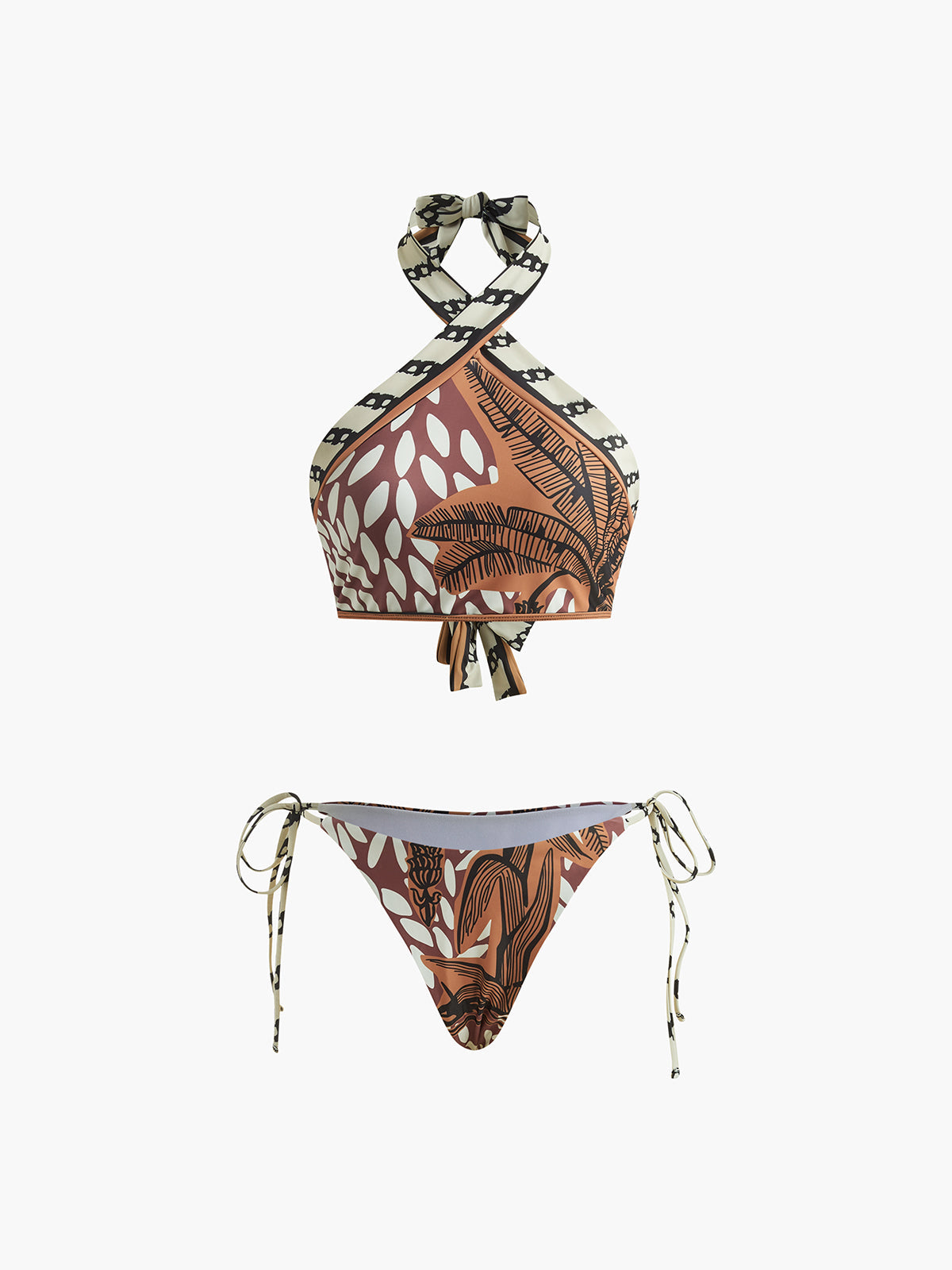 Retro Baskılı Boyundan Bağlamalı Bikini Takımı