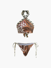 Retro Baskılı Boyundan Bağlamalı Bikini Takımı