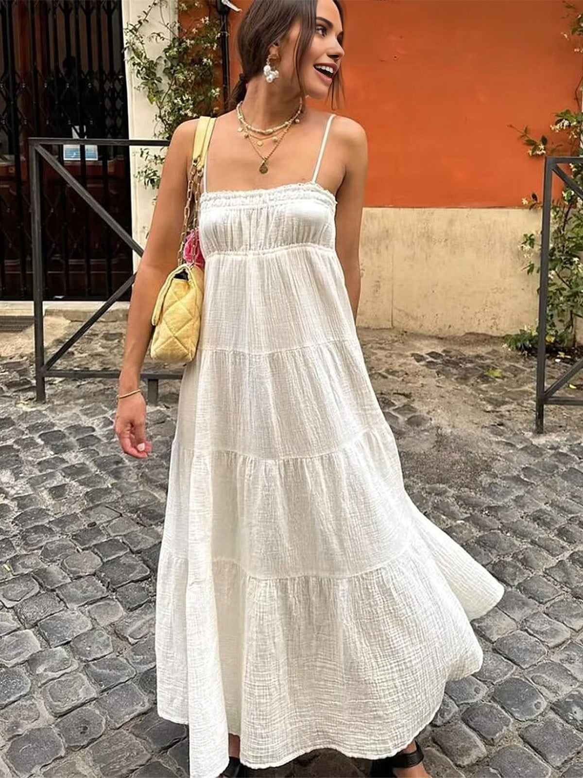 Katmanlı Askılı Uzun Elbise