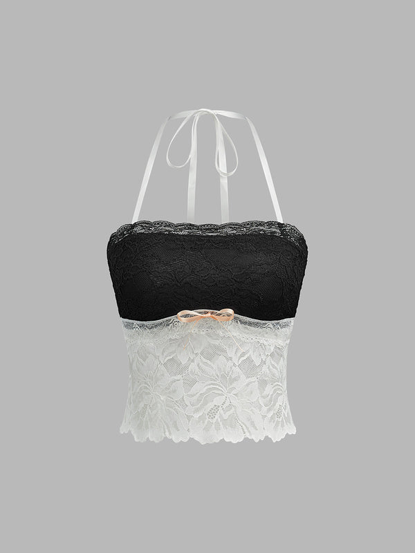 Renk Bloklu Dantel Askılı Üst