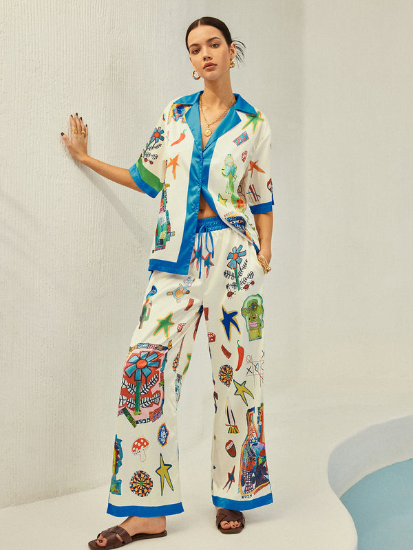 Kontrast Bağlamalı Baskılı Pantolon Takımı