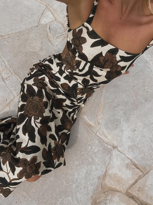 Sırtı Açık Baskılı Fermuarlı Elbise