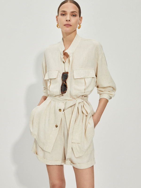 Günlük Pamuklu Ve Keten Şort Takımı Kemerli