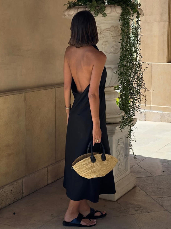 Askılı Sırtı Açık Saten Uzun Elbise