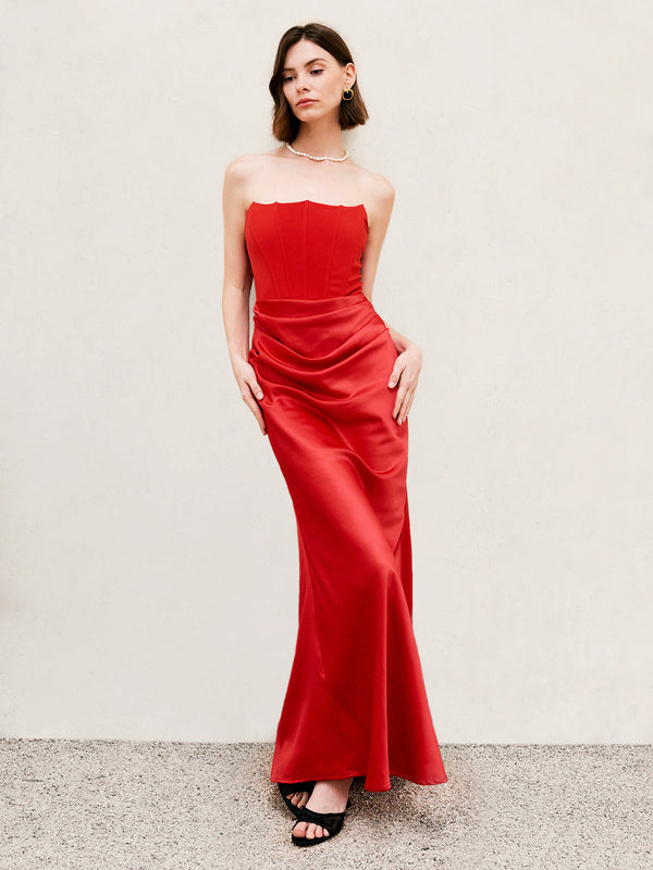 Pileli Fermuarlı Uzun Elbise