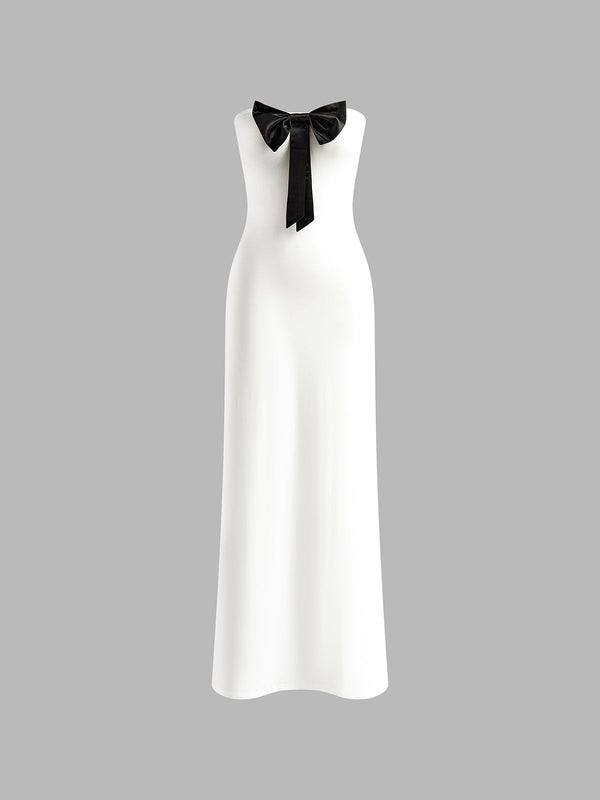 Önü Fiyonklu Straplez Uzun Elbise