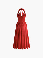 Halter Sevgiliye Pileli Midi Elbise