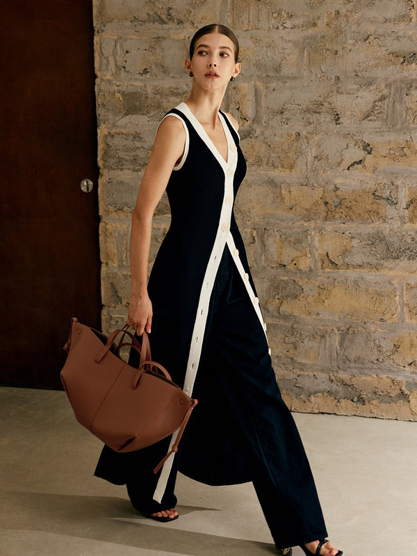 Kontrast Kesim Düğmeli Kazak Tank Elbise